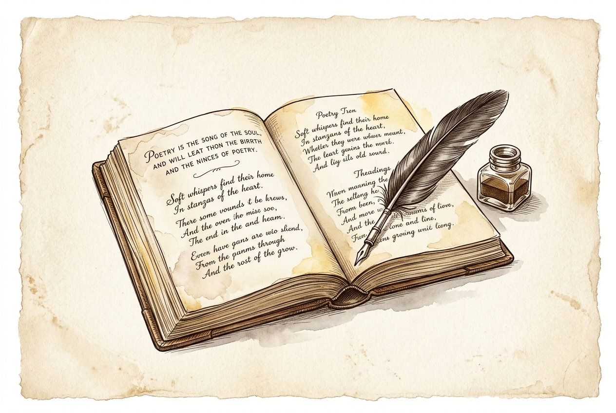 Desenho clássico em nanquim de um livro aberto com uma pena e tinta sobre papel envelhecido